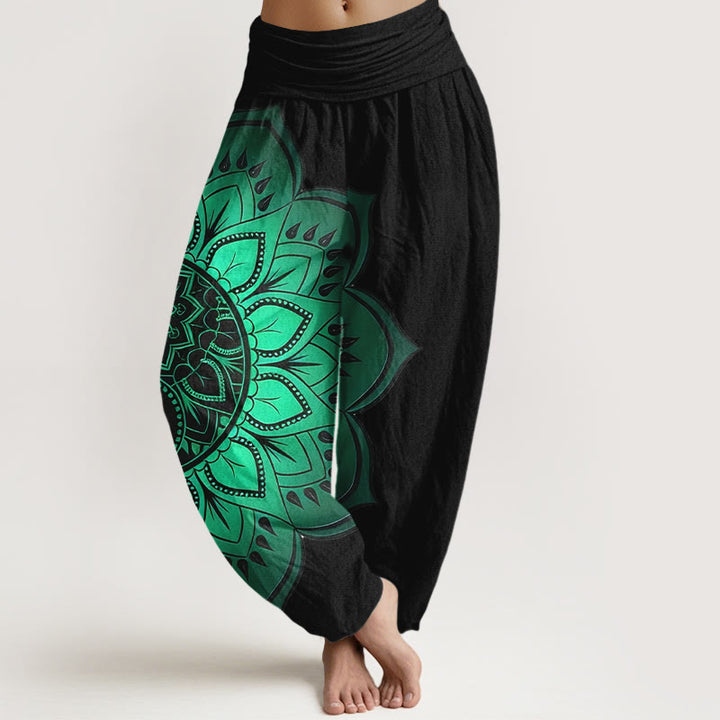 Buddha Stones Dames harembroek met elastische Taille en symmetrisch mandala-patroon van katoen - Zwart - US16, UK/AU20, EU48 (3XL) - image 0