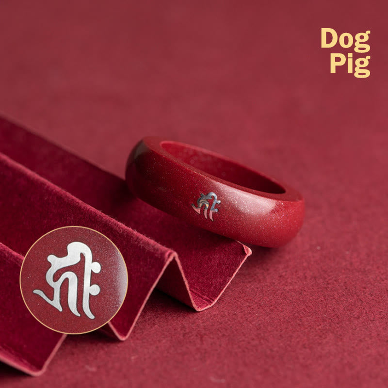 Buddha Stones Chinese dierenriem Jaar van het Paard Cinnaber Ring - Cinnabar Hond Varken - 22 mm - image 20