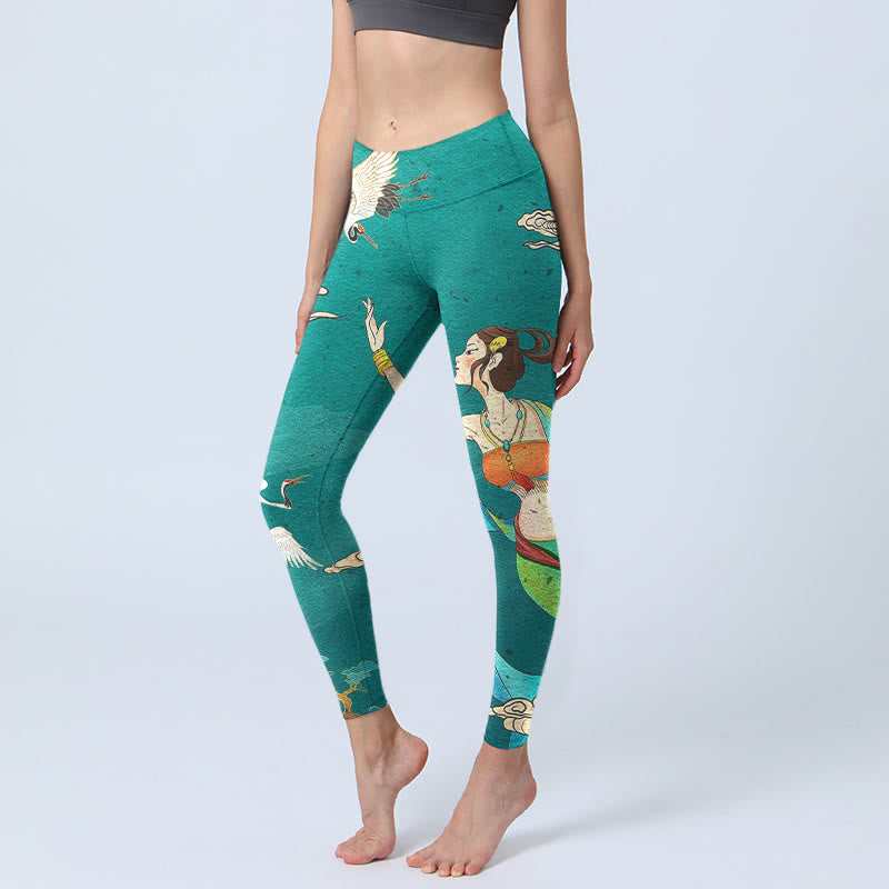 Buddha Stones Elegante sportlegging met feeënkraanvogel-, wolken- en dennenboomprint voor dames, perfect voor de sportschool of als yogabroek. - Lichtzeegroen - US18, UK/AU22, EU50 (4XL) - image 0