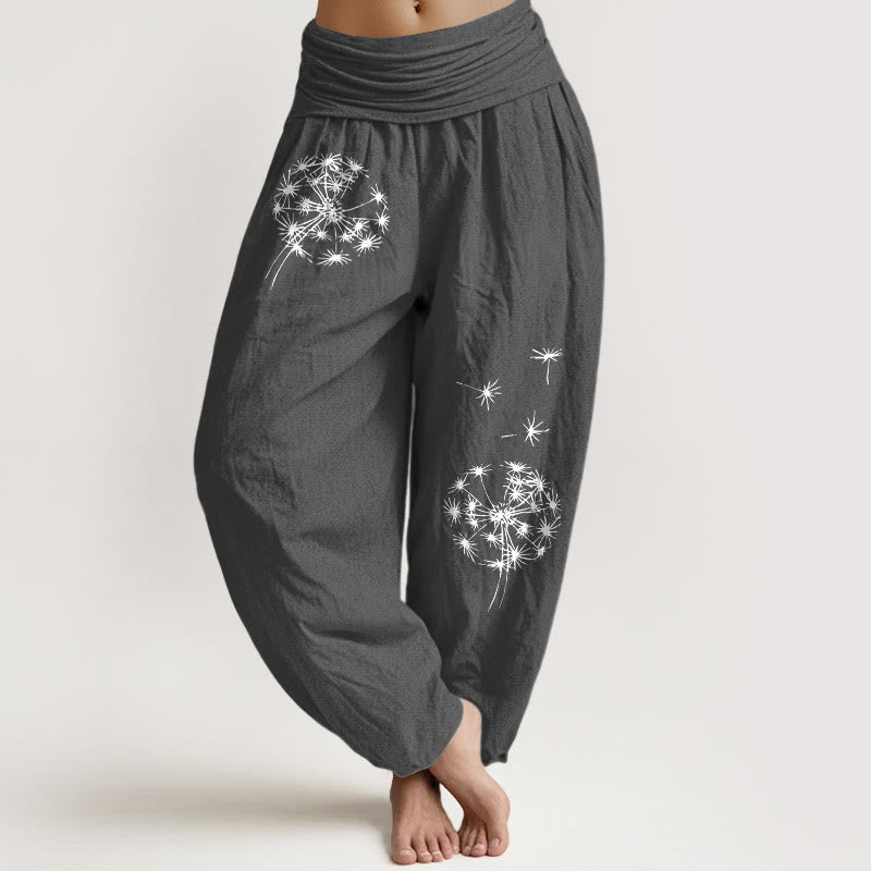 Buddha Stones Harembroek voor dames met elastische Taille en paardenbloemmotief , 100% Cotton, minimalistisch ontwerp. - Donkergrijs - US16, UK/AU20, EU48 (3XL) - image 0