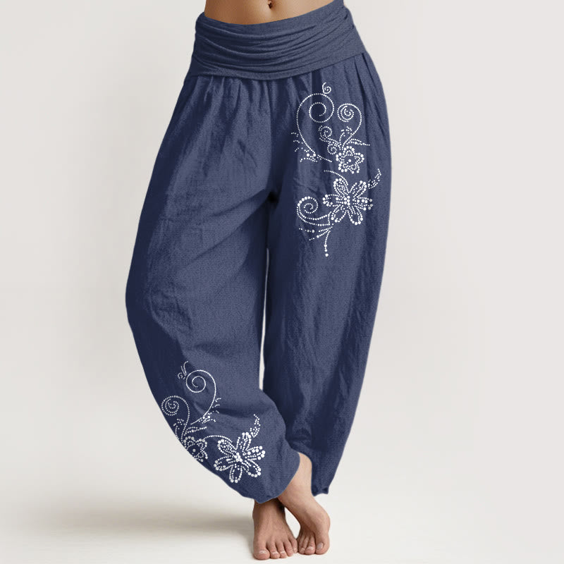 Buddha Stones Harembroek voor dames met elastische Taille , gemaakt van 100% Cotton met stippen en een bloemenmotief. - Donker leisteenblauw - US16, UK/AU20, EU48 (3XL) - image 0