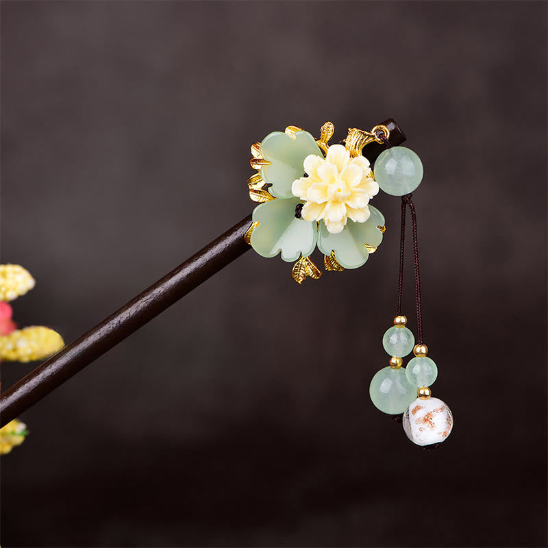 Buddha Stones Groen Geel Wit Bloem Liuli Glas Houten Haarspeld - image 2