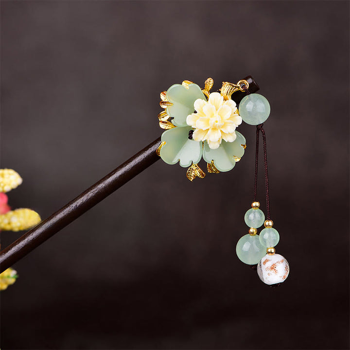 Buddha Stones Groen Geel Wit Bloem Liuli Glas Houten Haarspeld - image 2
