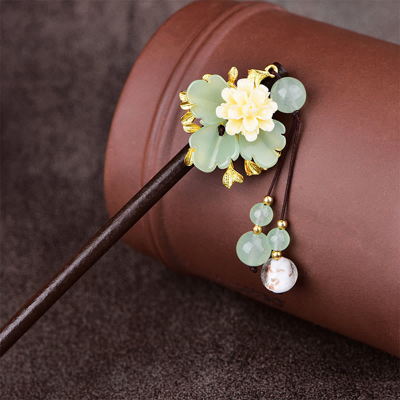 Buddha Stones Groen Geel Wit Bloem Liuli Glas Houten Haarspeld - image 1