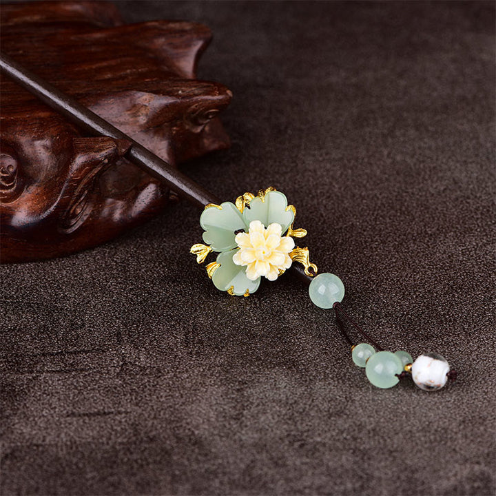 Buddha Stones Groen Geel Wit Bloem Liuli Glas Houten Haarspeld - image 3