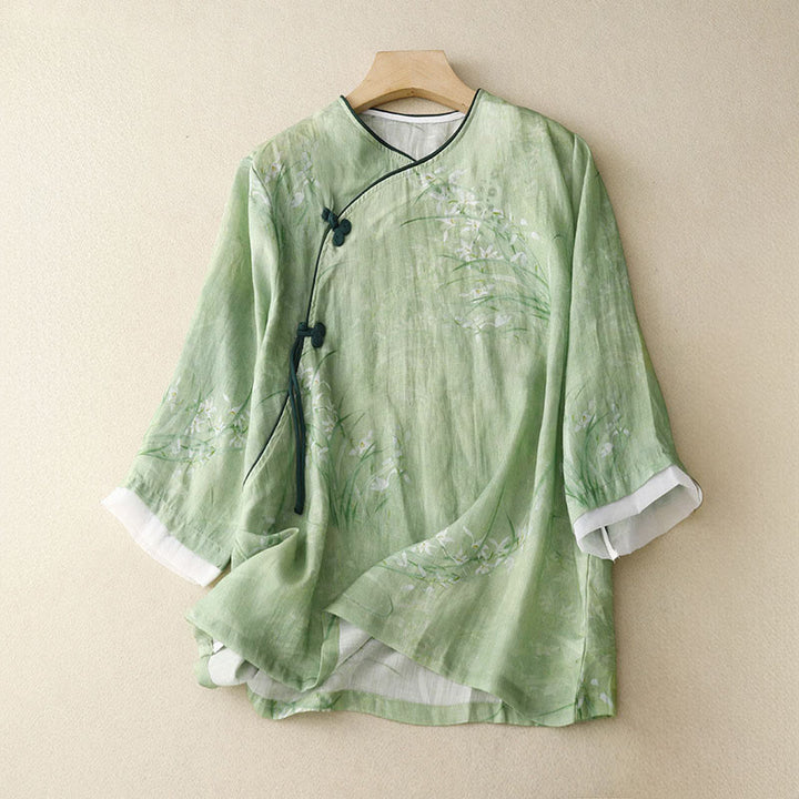 Buddha Stones Damesblouse met witte orchidee, rode bloemen en kikkerknopen, Mouwlengte - Lichtgroen - US14, UK/AU18, EU46 (2XL) - image 0