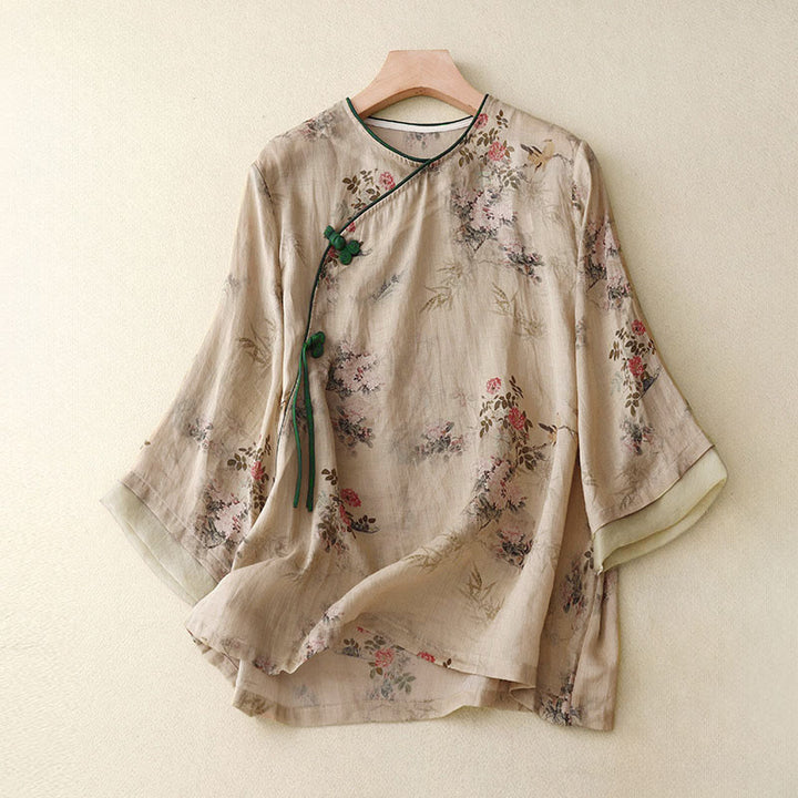 Buddha Stones Damesblouse met witte orchidee, rode bloemen en kikkerknopen, Mouwlengte - BurlyWood - US14, UK/AU18, EU46 (2XL) - image 8