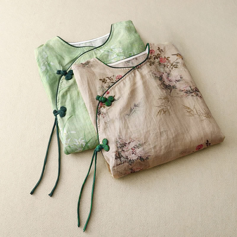 Buddha Stones Damesblouse met witte orchidee, rode bloemen en kikkerknopen, Mouwlengte - image 18