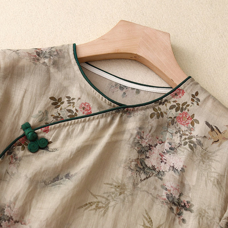 Buddha Stones Damesblouse met witte orchidee, rode bloemen en kikkerknopen, Mouwlengte - image 9