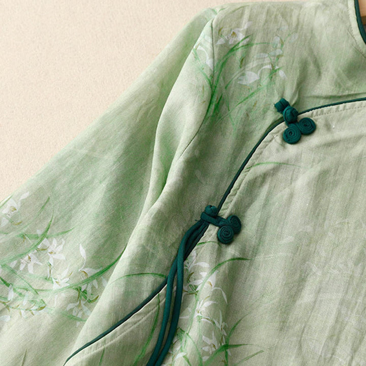 Buddha Stones Damesblouse met witte orchidee, rode bloemen en kikkerknopen, Mouwlengte - image 1