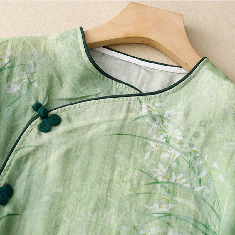Buddha Stones Damesblouse met witte orchidee, rode bloemen en kikkerknopen, Mouwlengte - image 2