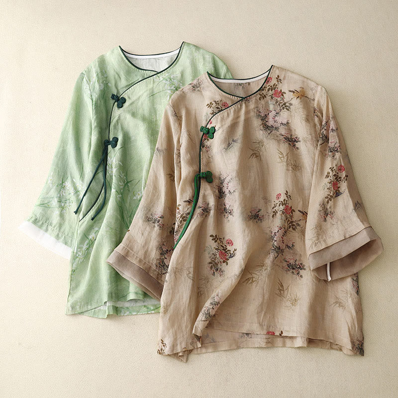 Buddha Stones Damesblouse met witte orchidee, rode bloemen en kikkerknopen, Mouwlengte - image 17