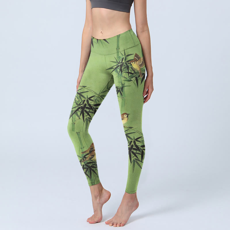 Buddha Stones Elegante sportlegging voor dames met vogel- en bamboebladprint, perfect voor de sportschool of als yogabroek. - Geelgroen - US18, UK/AU22, EU50 (4XL) - image 0