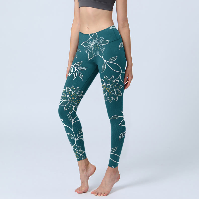 Buddha Stones Retro elegante legging met bloemen- en bladprint voor dames, geschikt voor de sportschool of yoga. - Teal - US18, UK/AU22, EU50 (4XL) - image 0