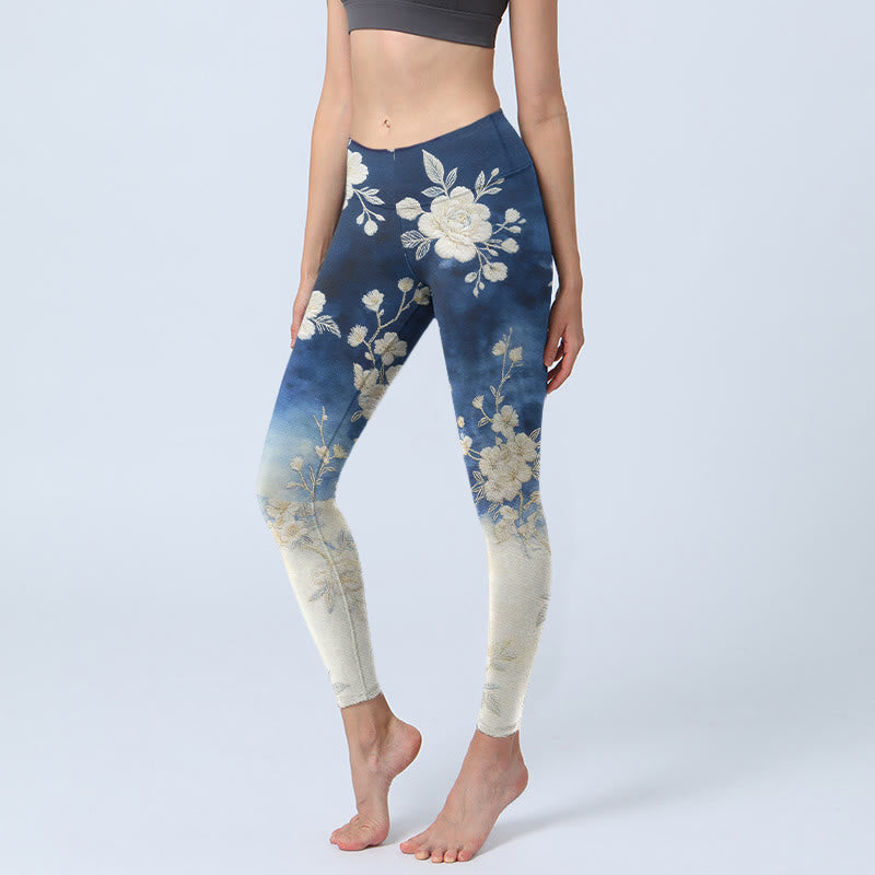 Buddha Stones Elegante en verfijnde legging met bloemenprint voor dames, perfect voor de sportschool of als yogabroek. - Donkerblauw - US18, UK/AU22, EU50 (4XL) - image 0