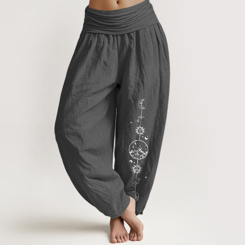 Buddha Stones Harembroek voor dames met elastische Taille , minimalistisch design van 100% Cotton met maan-, zon-, ster- en bergmotief. - Donkergrijs - US16, UK/AU20, EU48 (3XL) - image 0
