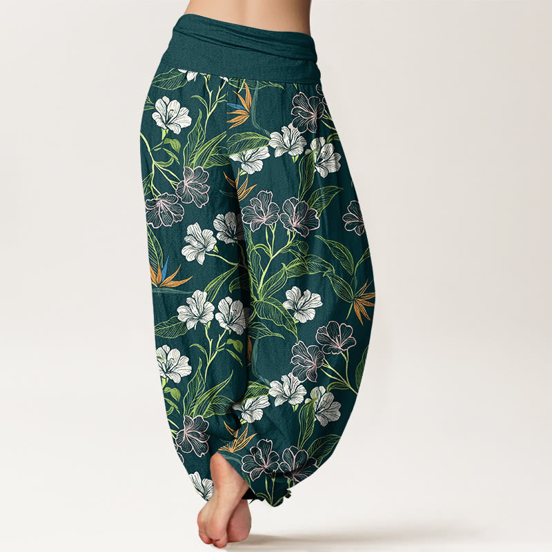 Buddha Stones Dames harembroek met elastische Taille , gemaakt van katoen met contrasterende kleuren en een bloemen- en bladmotief. - image 1