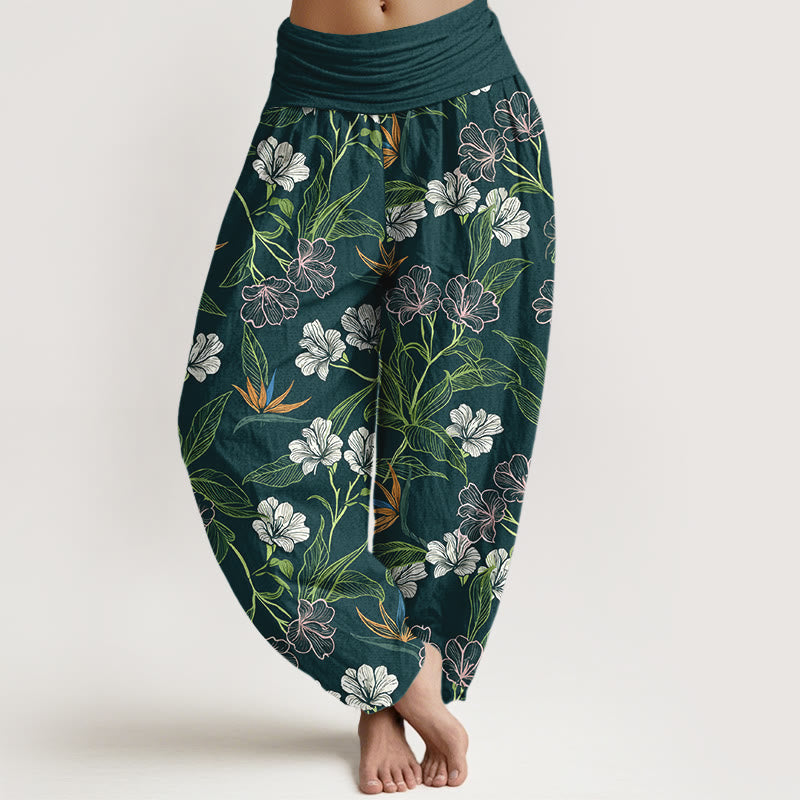 Buddha Stones Dames harembroek met elastische Taille , gemaakt van katoen met contrasterende kleuren en een bloemen- en bladmotief. - Teal - US16, UK/AU20, EU48 (3XL) - image 0