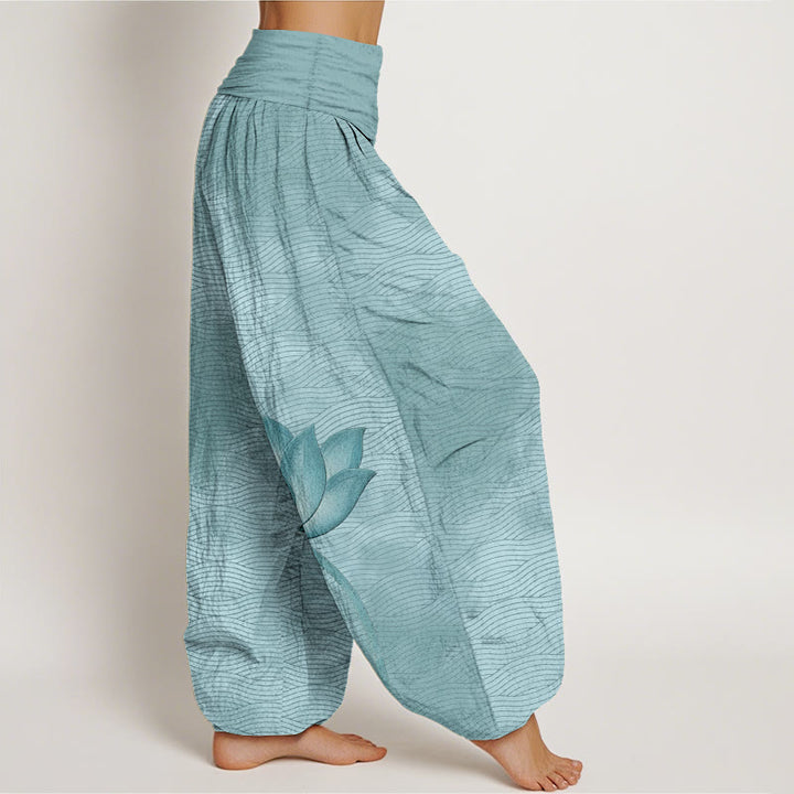Buddha Stones Lichte katoenen harembroek met lotus- en golvend lijnpatroon en elastische Taille voor dames. - image 2