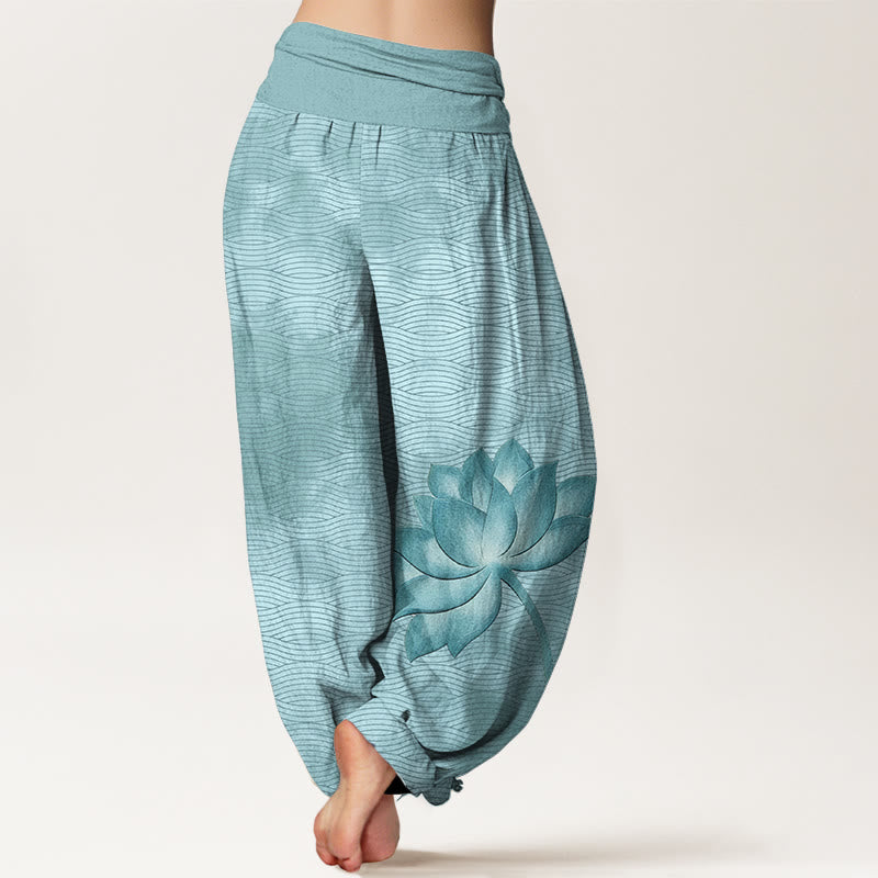 Buddha Stones Lichte katoenen harembroek met lotus- en golvend lijnpatroon en elastische Taille voor dames. - image 1