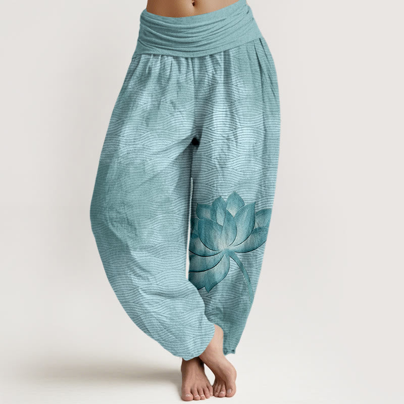Buddha Stones Lichte katoenen harembroek met lotus- en golvend lijnpatroon en elastische Taille voor dames. - Hemelsblauw - US16, UK/AU20, EU48 (3XL) - image 0