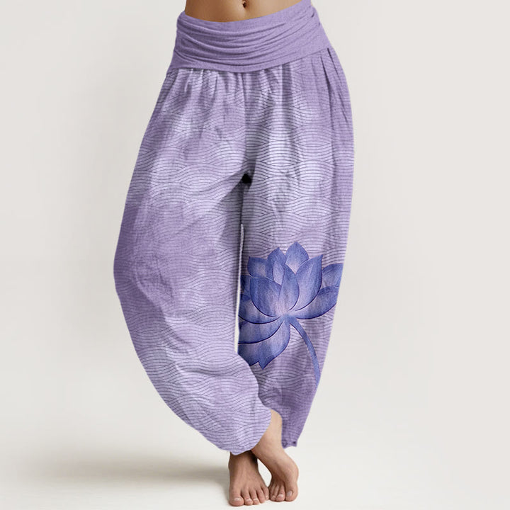 Buddha Stones Lichte katoenen harembroek met lotus- en golvend lijnpatroon en elastische Taille voor dames. - Middelpaars - US16, UK/AU20, EU48 (3XL) - image 5
