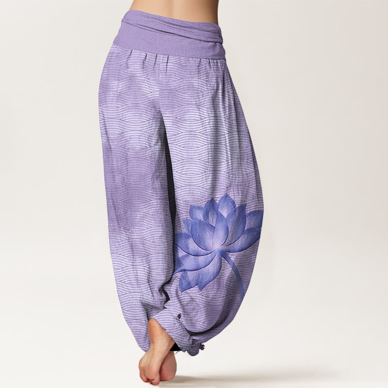 Buddha Stones Lichte katoenen harembroek met lotus- en golvend lijnpatroon en elastische Taille voor dames. - image 6