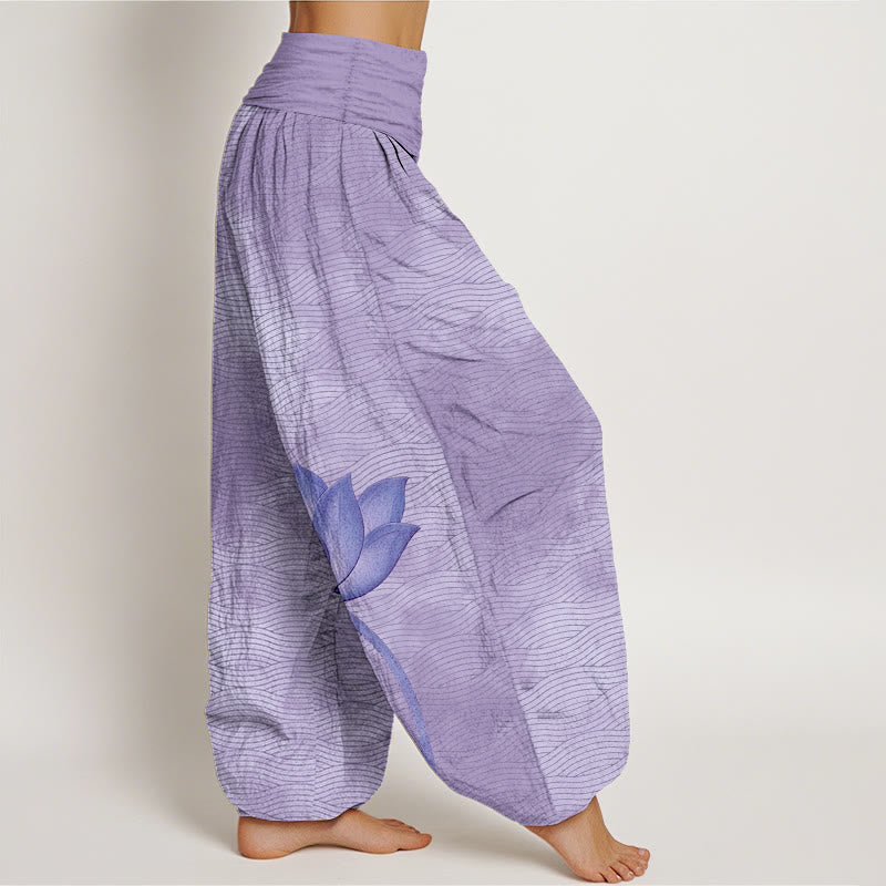 Buddha Stones Lichte katoenen harembroek met lotus- en golvend lijnpatroon en elastische Taille voor dames. - image 7
