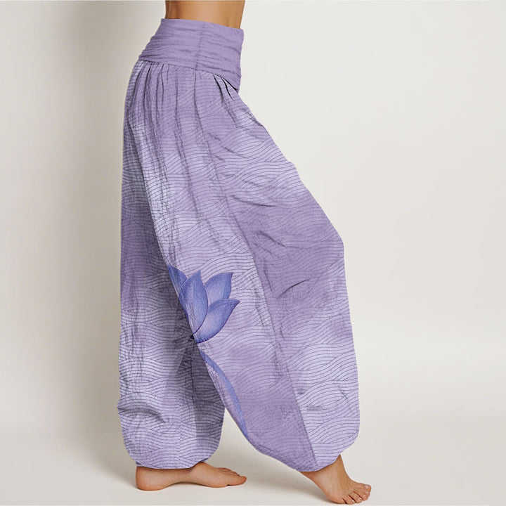 Buddha Stones Lichte katoenen harembroek met lotus- en golvend lijnpatroon en elastische Taille voor dames. - image 7