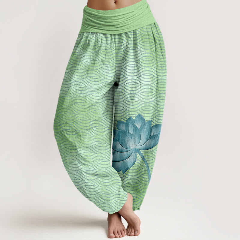 Buddha Stones Lichte katoenen harembroek met lotus- en golvend lijnpatroon en elastische Taille voor dames. - Lichtgroen - US16, UK/AU20, EU48 (3XL) - image 8