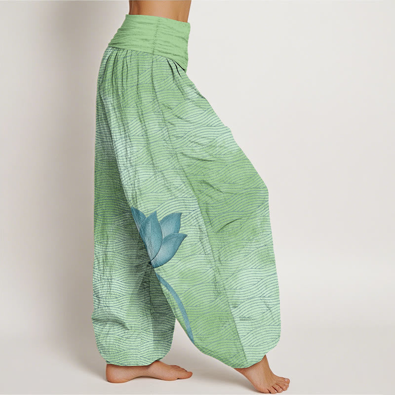 Buddha Stones Lichte katoenen harembroek met lotus- en golvend lijnpatroon en elastische Taille voor dames. - image 10