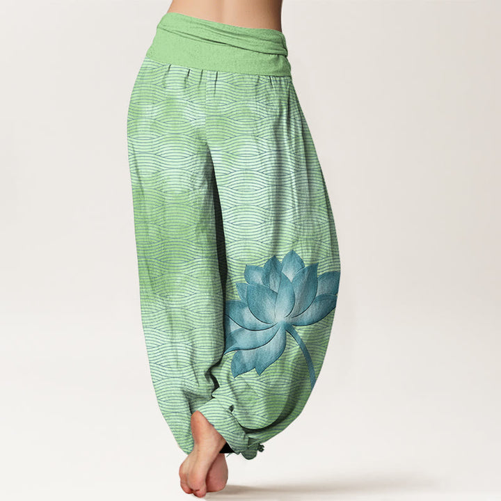 Buddha Stones Lichte katoenen harembroek met lotus- en golvend lijnpatroon en elastische Taille voor dames. - image 9