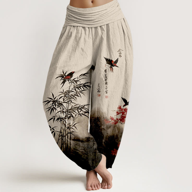 Buddha Stones Katoenen damesharembroek met klassiek bamboe-, vogel- en bloemenpatroon en elastische Taille . - Antiek wit - US16, UK/AU20, EU48 (3XL) - image 0