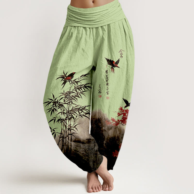 Buddha Stones Katoenen damesharembroek met klassiek bamboe-, vogel- en bloemenpatroon en elastische Taille . - Lichtgroen - US16, UK/AU20, EU48 (3XL) - image 5