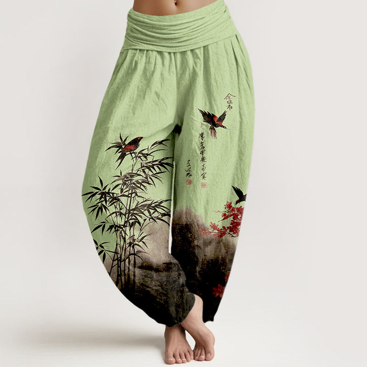 Buddha Stones Katoenen damesharembroek met klassiek bamboe-, vogel- en bloemenpatroon en elastische Taille . - Lichtgroen - US16, UK/AU20, EU48 (3XL) - image 5