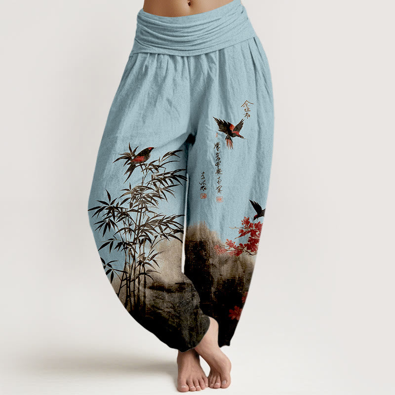 Buddha Stones Katoenen damesharembroek met klassiek bamboe-, vogel- en bloemenpatroon en elastische Taille . - Licht Hemelsblauw - US16, UK/AU20, EU48 (3XL) - image 8
