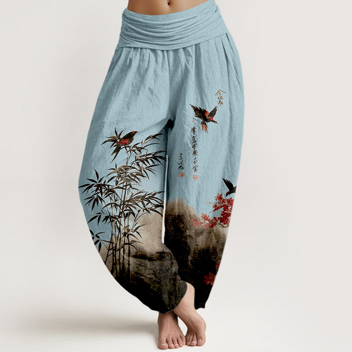 Buddha Stones Katoenen damesharembroek met klassiek bamboe-, vogel- en bloemenpatroon en elastische Taille . - Licht Hemelsblauw - US16, UK/AU20, EU48 (3XL) - image 8