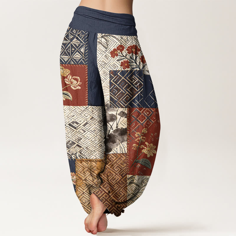 Buddha Stones Dames harembroek met elastische Taille en kleurblokkendesign, bloemen en geometrische vormen. - image 1