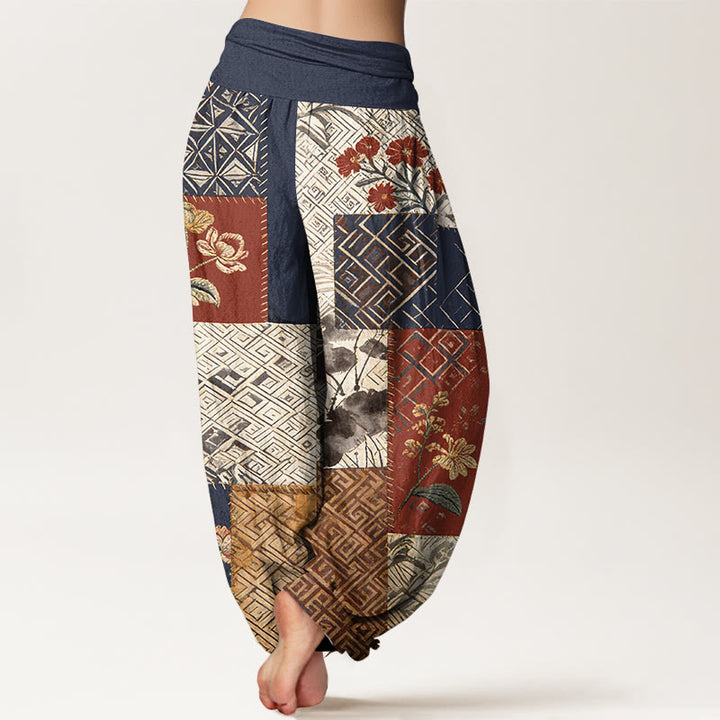 Buddha Stones Dames harembroek met elastische Taille en kleurblokkendesign, bloemen en geometrische vormen. - image 1