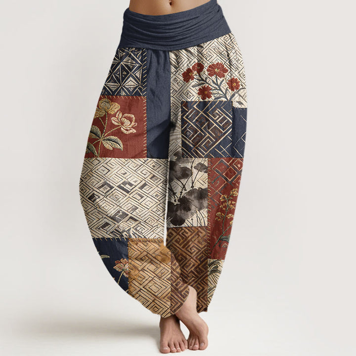 Buddha Stones Dames harembroek met elastische Taille en kleurblokkendesign, bloemen en geometrische vormen. - Middernachtblauw - US16, UK/AU20, EU48 (3XL) - image 0