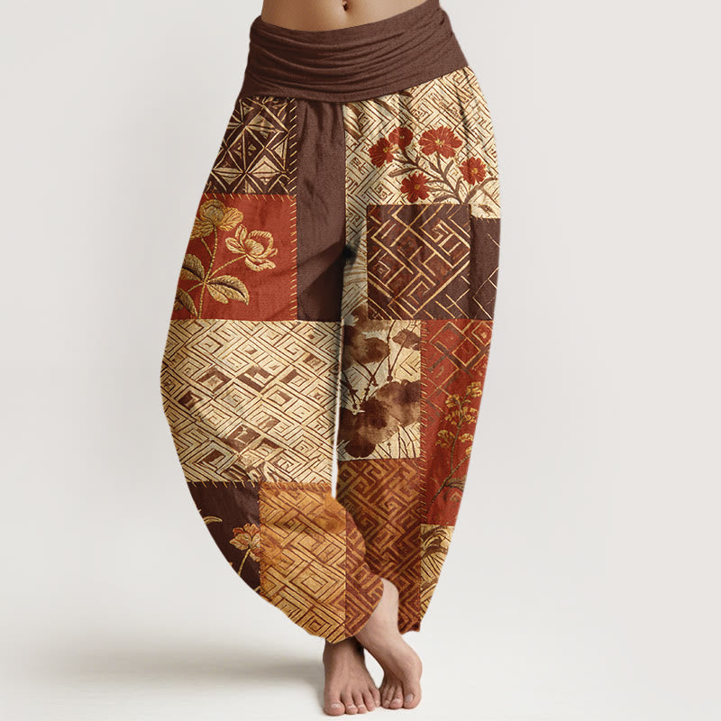 Buddha Stones Dames harembroek met elastische Taille en kleurblokkendesign, bloemen en geometrische vormen. - Bruin - US16, UK/AU20, EU48 (3XL) - image 5
