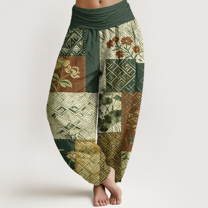 Buddha Stones Dames harembroek met elastische Taille en kleurblokkendesign, bloemen en geometrische vormen. - Donkergroen - US16, UK/AU20, EU48 (3XL) - image 8