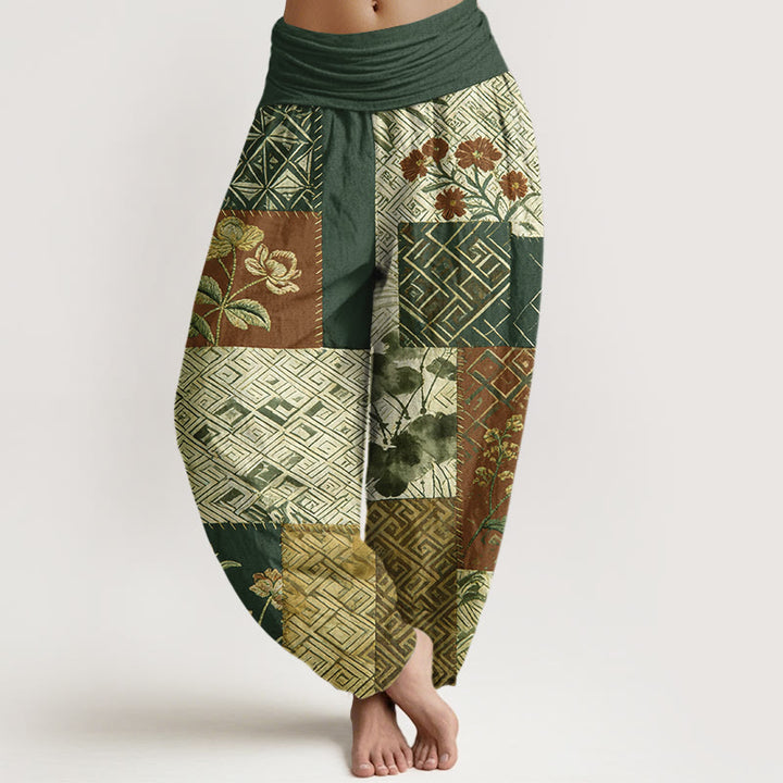 Buddha Stones Dames harembroek met elastische Taille en kleurblokkendesign, bloemen en geometrische vormen. - Donkergroen - US16, UK/AU20, EU48 (3XL) - image 8