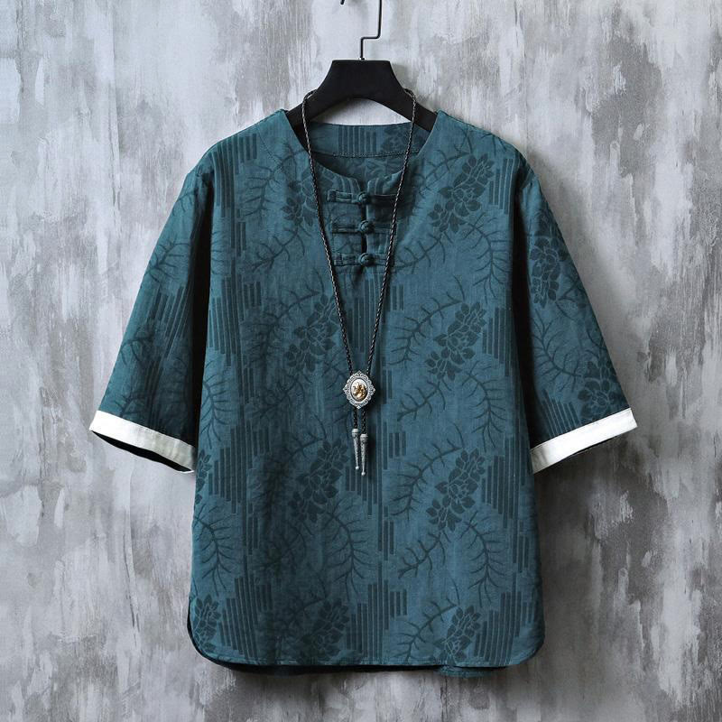 Buddha Stones Zomers katoenen herenoverhemd met bloemenprint en kikkerknopen, korte Mouwlengte . - Teal - US/UK/AU48, EU58 (6XL) - image 0