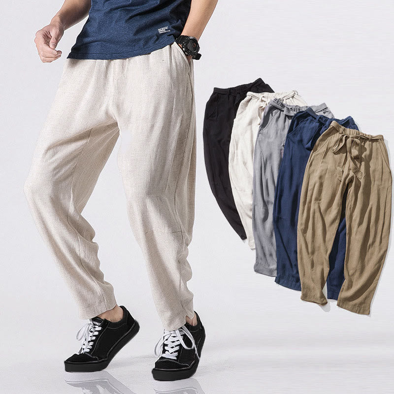 Buddha Stones Enkellange polyester herenbroek met trekkoord, elastische Taille en Zakken. - image 0