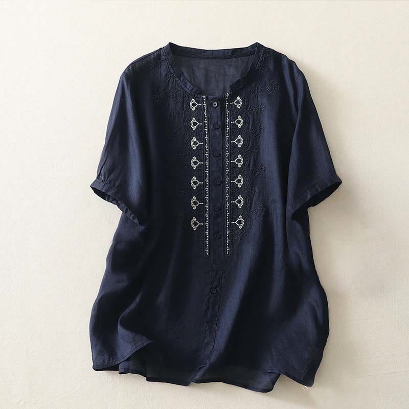 Buddha Stones Zomerse damesblouse met bloemenprint , Ronde hals Korte mouw , gemaakt van polyester. - Middernachtblauw - US12, UK/AU16, EU44 (2XL) - image 0