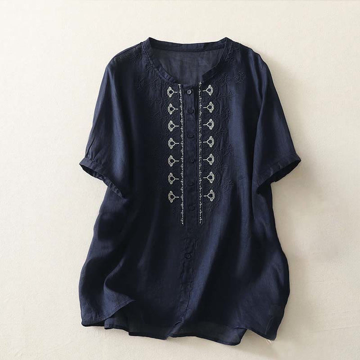 Buddha Stones Zomerse damesblouse met bloemenprint , Ronde hals Korte mouw , gemaakt van polyester. - Middernachtblauw - US12, UK/AU16, EU44 (2XL) - image 0