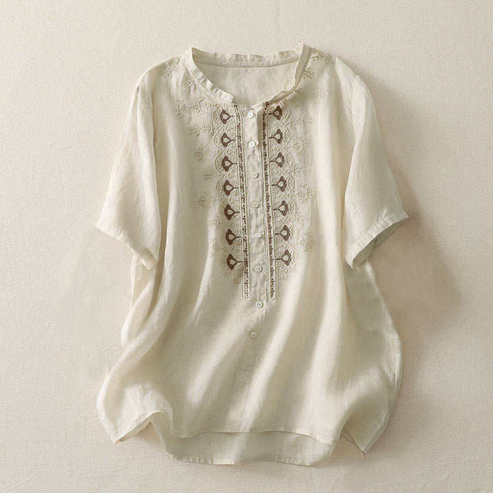 Buddha Stones Zomerse damesblouse met bloemenprint , Ronde hals Korte mouw , gemaakt van polyester. - Beige - US12, UK/AU16, EU44 (2XL) - image 14