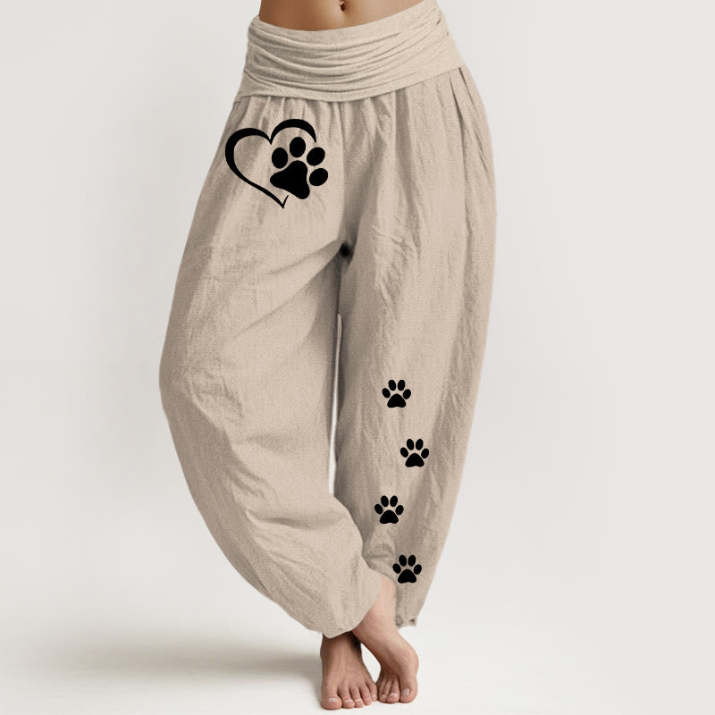 Buddha Stones Harembroek voor dames met elastische Taille , gemaakt van 100% Cotton, met een subtiel kattenpootafdrukje en een hartvormig patroon. - Bruinen - US16, UK/AU20, EU48 (3XL) - image 0