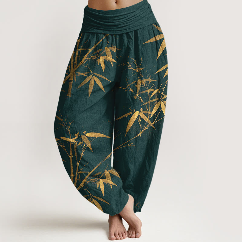 Buddha Stones Harembroek voor dames met elastische Taille , klassiek bamboepatroon, 100% Cotton - Teal - US16, UK/AU20, EU48 (3XL) - image 0